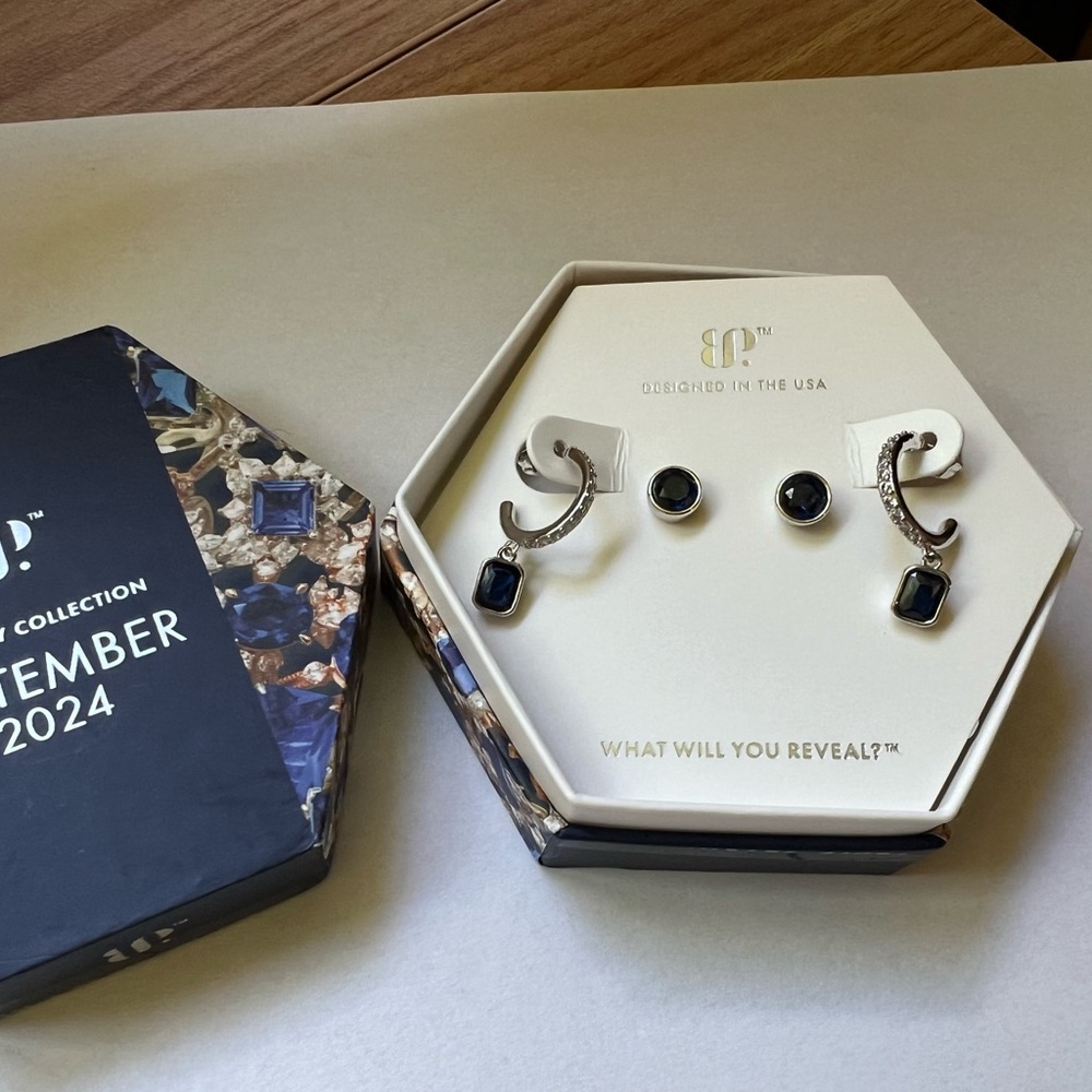 Set of 2 Silver & Sapphire Earrings - New in Box! Bomb Party